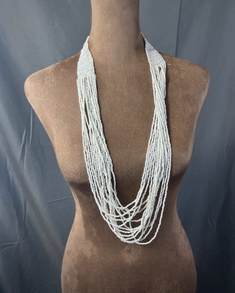 Vintage 1970s Boho White Glass Seed Bead Multi Strand Statement Bib Necklace